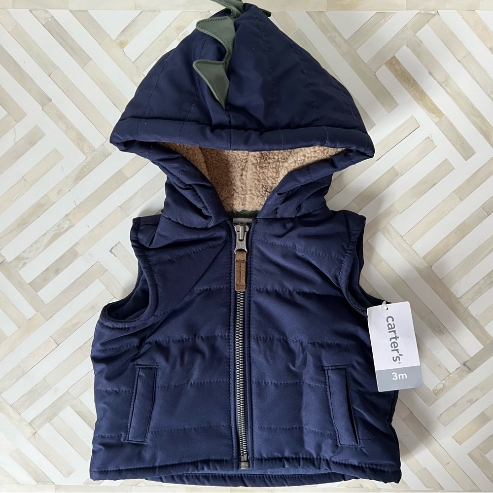 CARTERS Navy Dino Spiked Hooded Vest, 3mo - NEW
